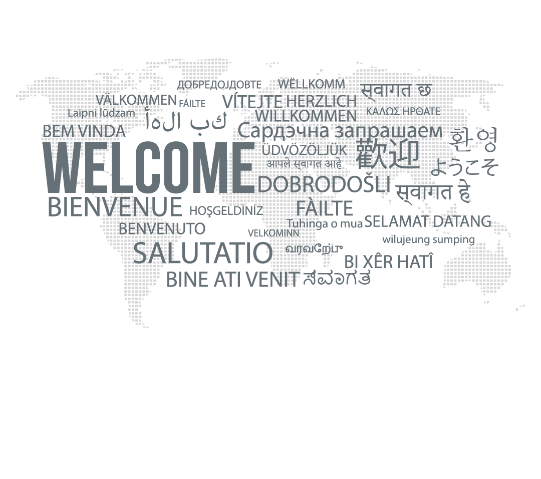 Word cloud of 'Welcome' in multiple languages overlaid on a world map.