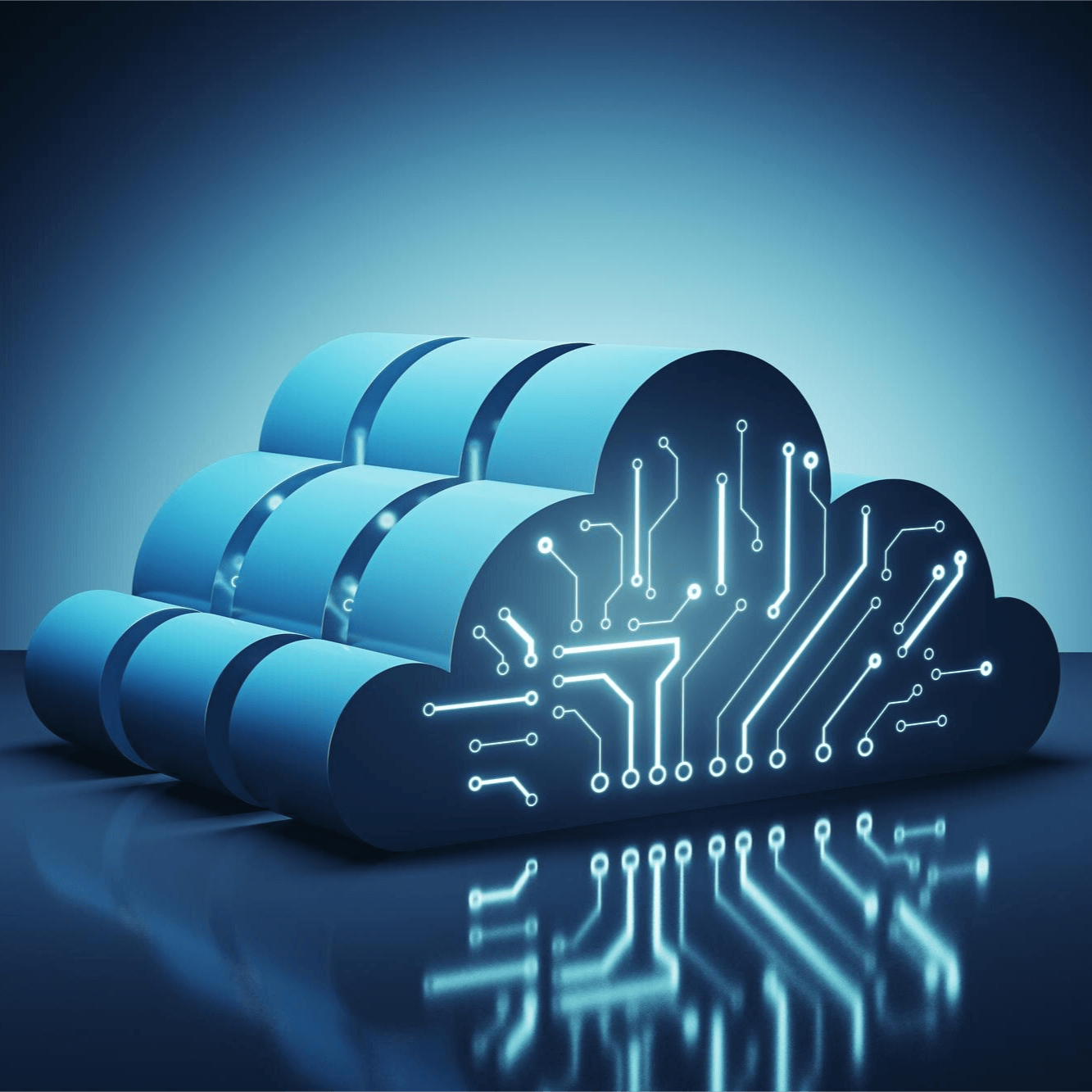 Cloud servers with circuitry, symbolizing smart solutions.