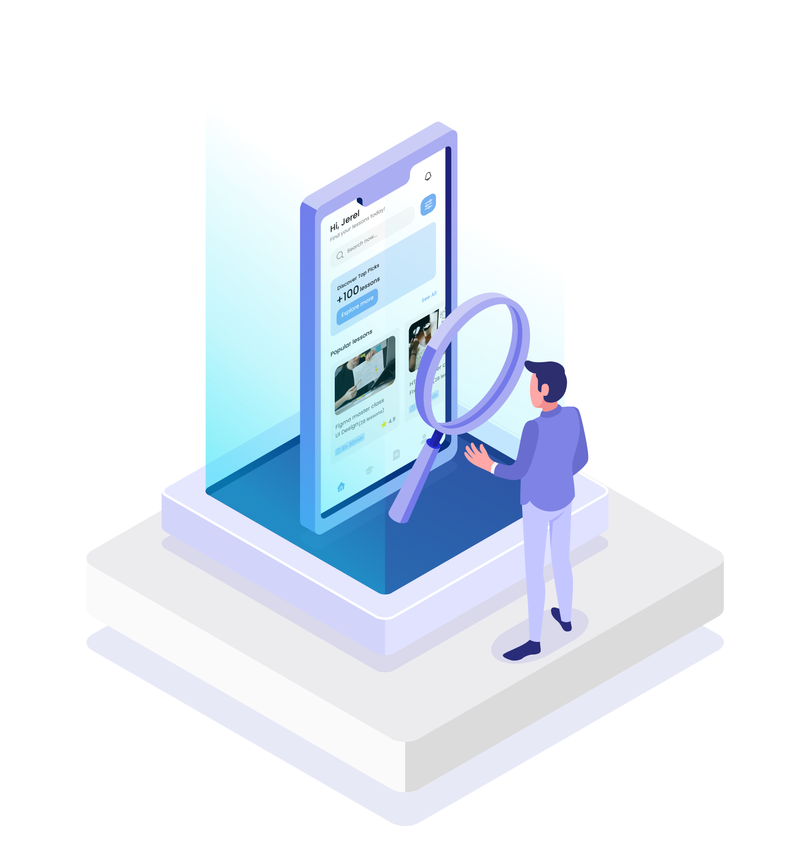 Illustration: Figure with a magnifying glass inspecting a mobile app on an oversized smartphone screen, symbolizing Product Testing and QA.
