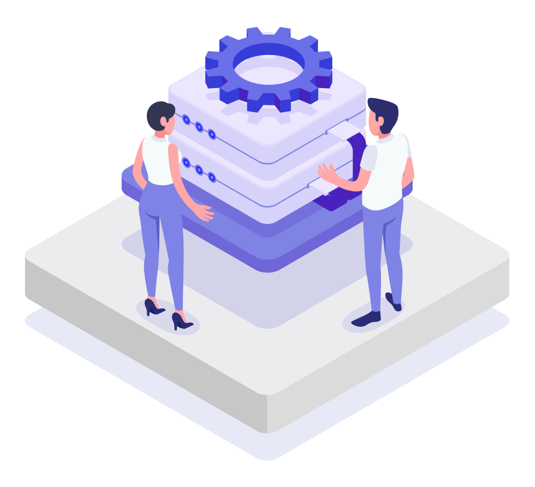 Diagram for quality control, showing workers, servers, and a process gear.