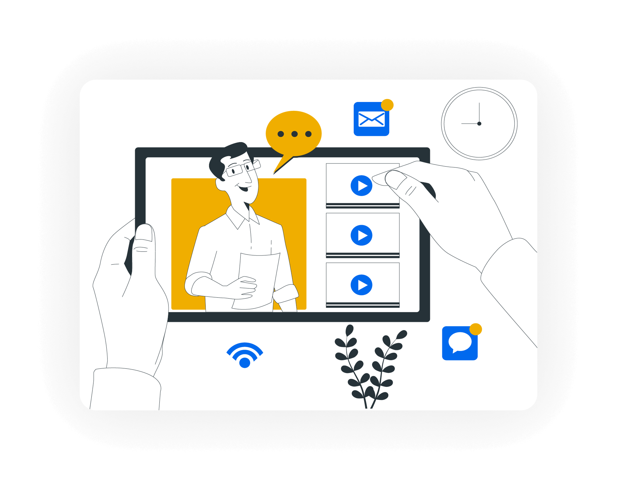 Hands selecting video tutorials on a tablet screen.