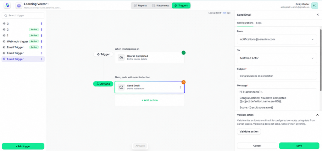 . Configure the sender, recipient, subject and message in Send Email.