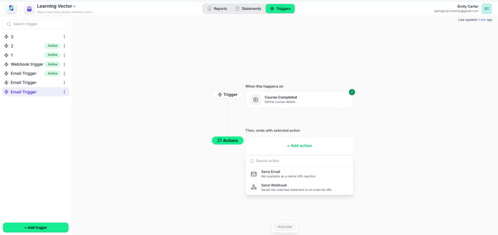 Choose Send Webhook from the action menu.