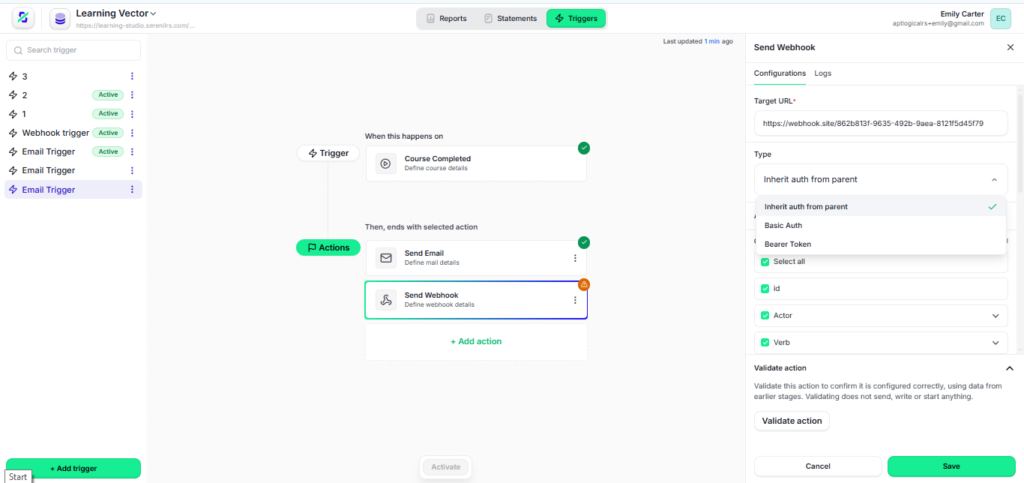 . Set the destination, authentication type and selected payload fields.